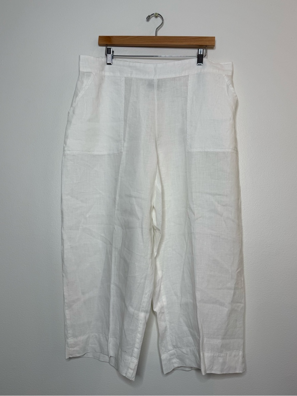 FLAX 100% Linen Cropped Capri wide leg Pants in crisp white size large